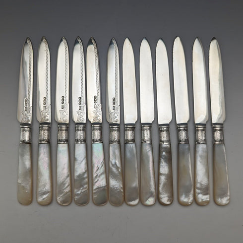 1897 年英國古董白色珍珠手柄和純銀刀片甜點餐具套裝哈里森兄弟木盒裝